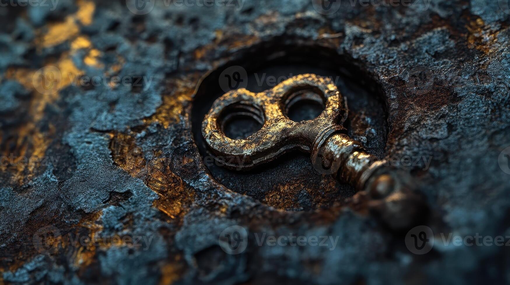 A weathered vintage key rests in a rusty keyhole photo