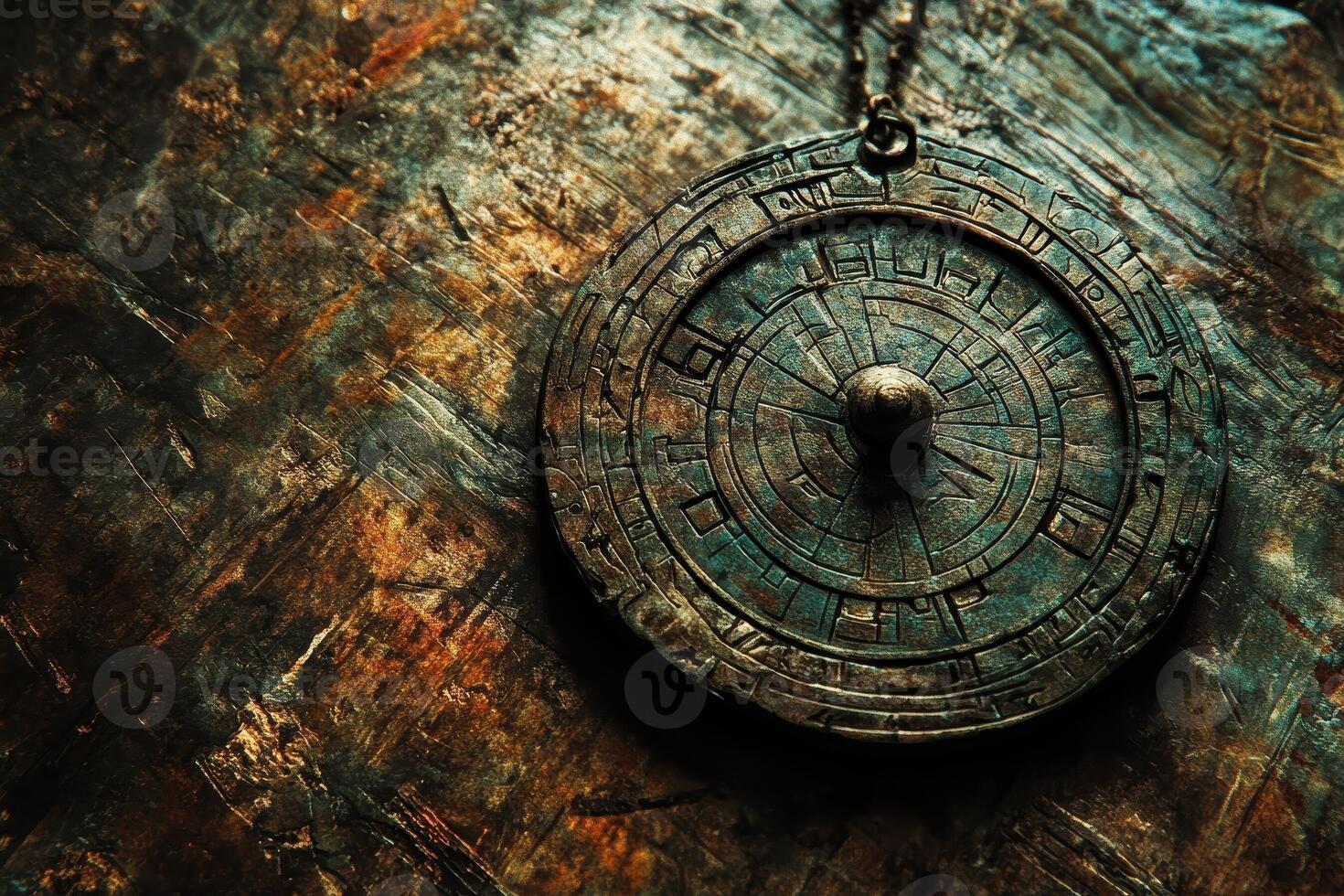 Ancient and intricate metal pendant hangs against textured surface photo