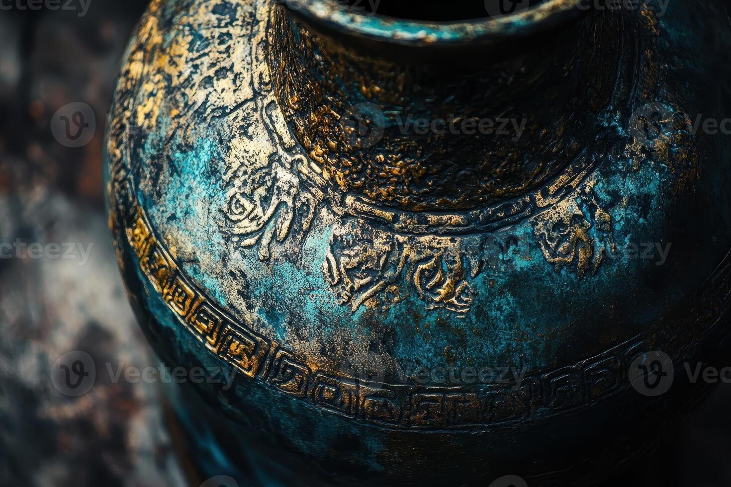 Close up of an antique blue and gold ornamented vase photo
