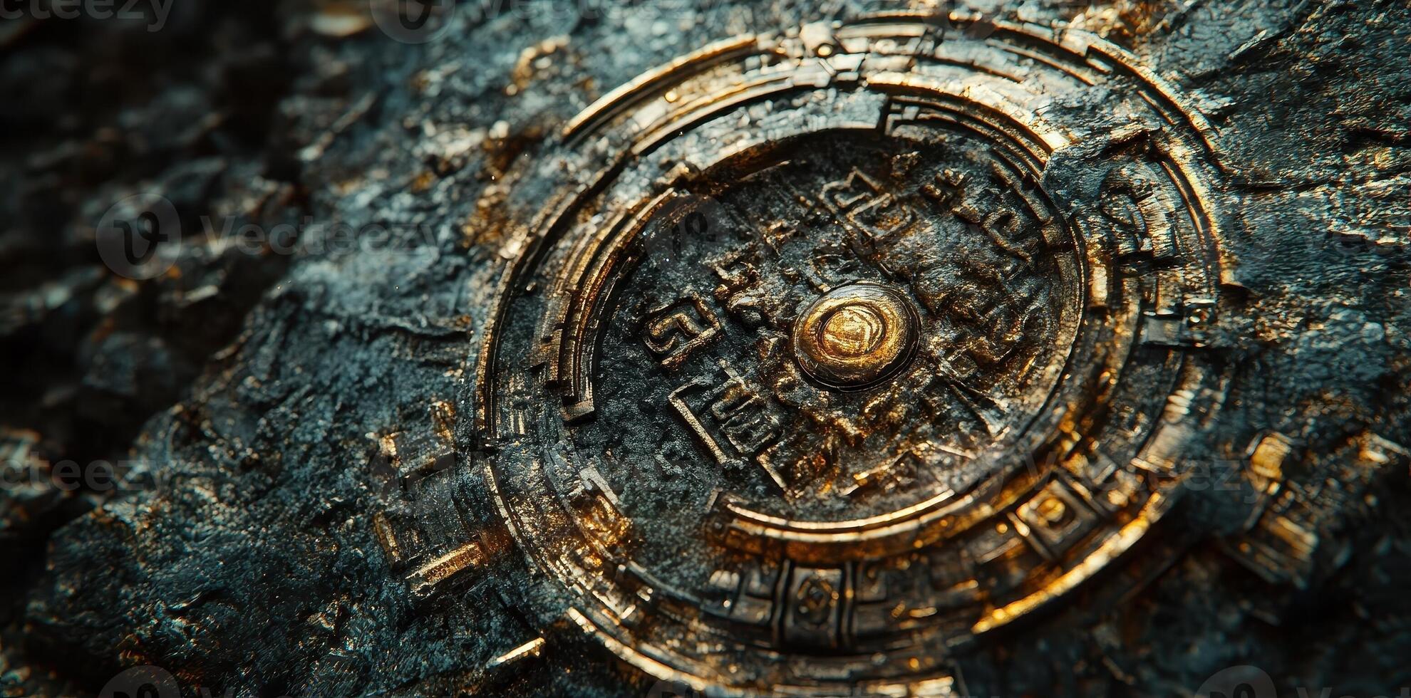 Ancient metallic artifact partially embedded in stone with glyphs photo