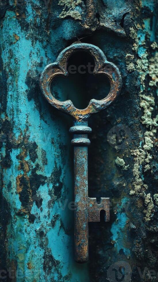 An old rusty key contrasts against a weathered turquoise surface photo