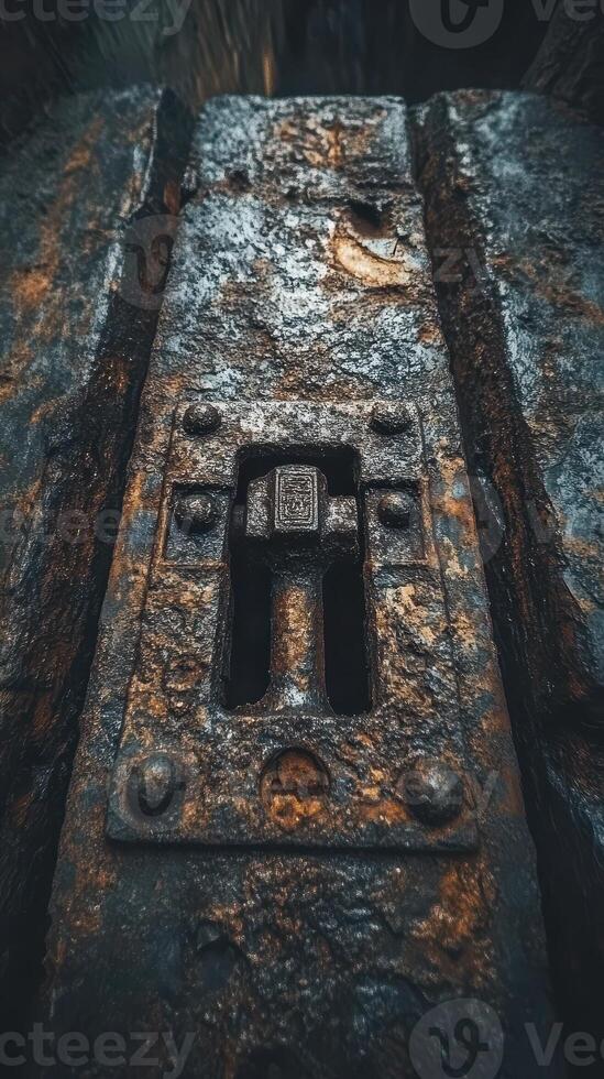 Heavily rusted iron mechanism with bolts and central fixture photo