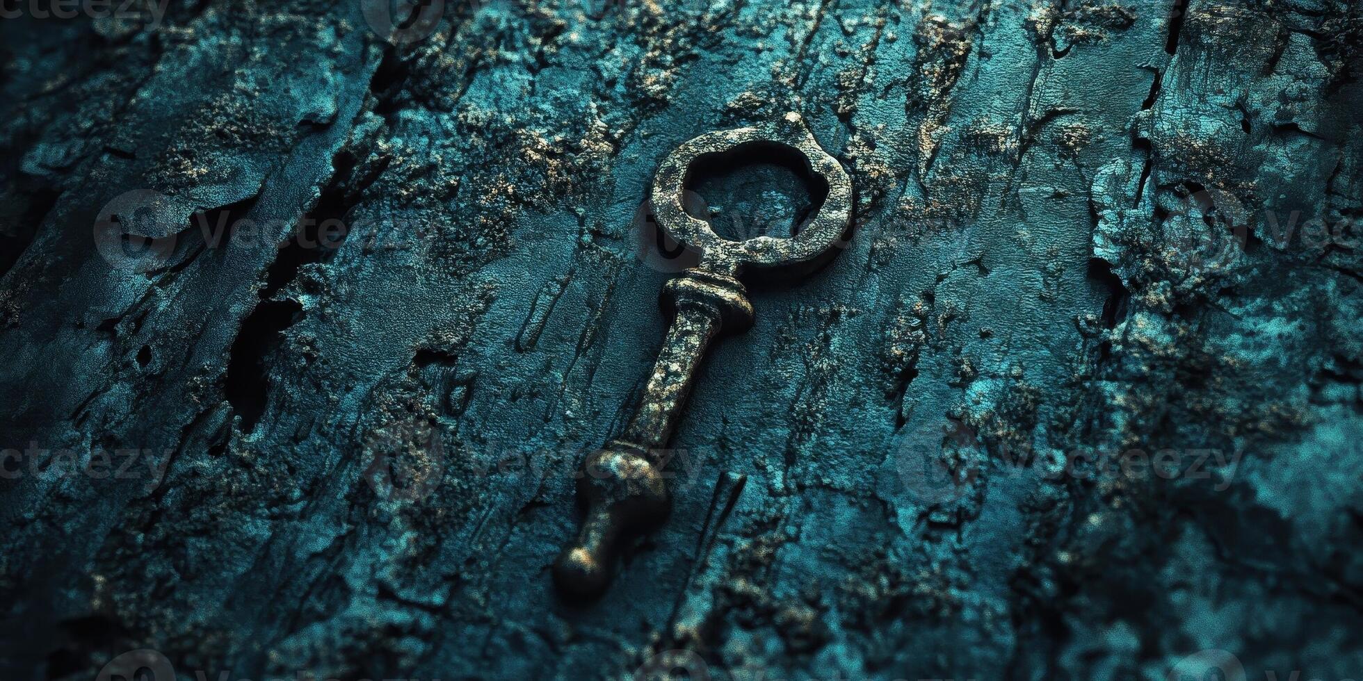 Antique ornate key resting upon a textured blue surface photo