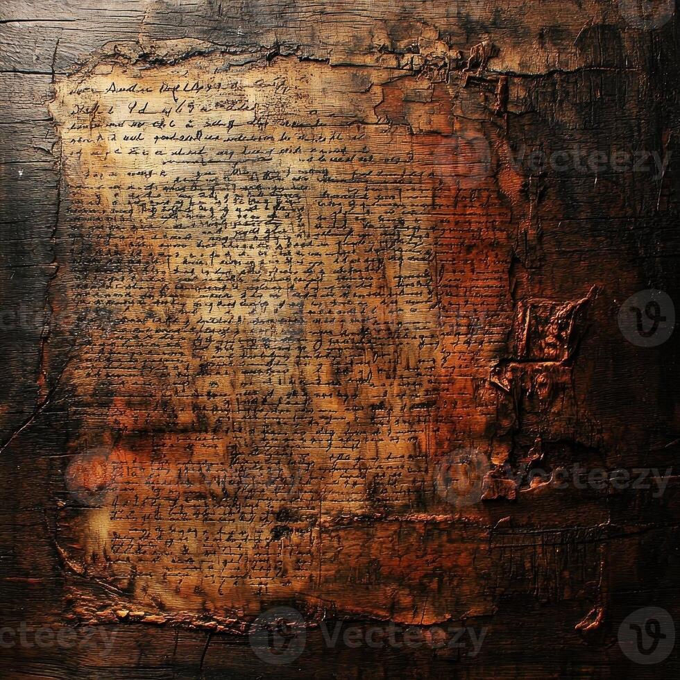 Ancient handwritten script on aged and textured wooden surface photo