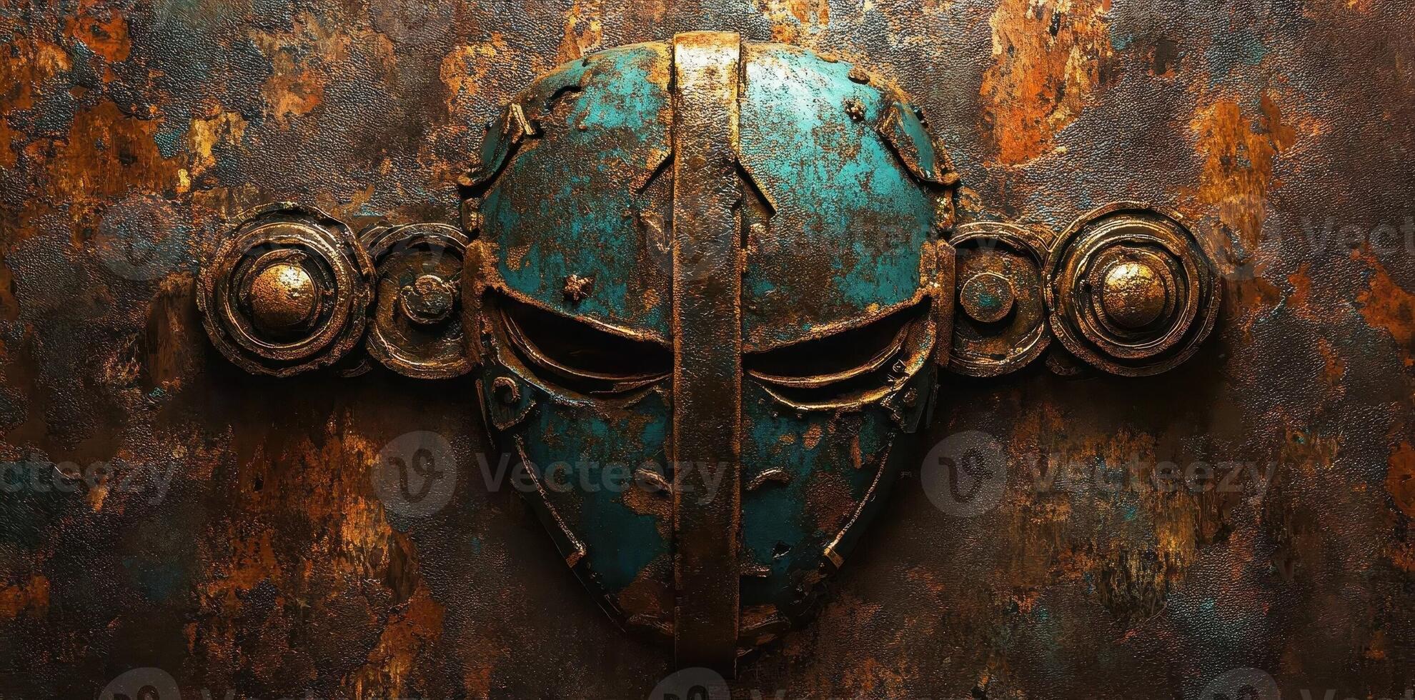 Ornate weathered mask affixed to a textured metallic surface photo