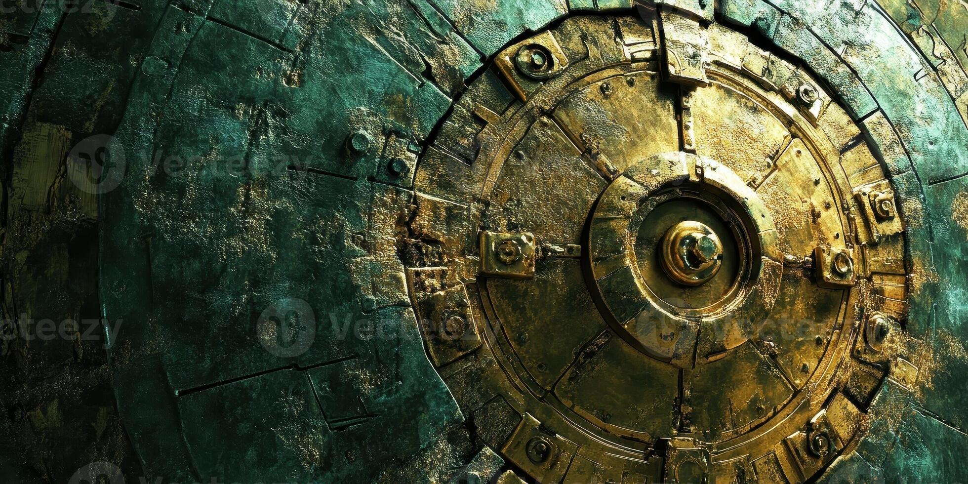 Ornate metallic structure with green patina and intricate design photo