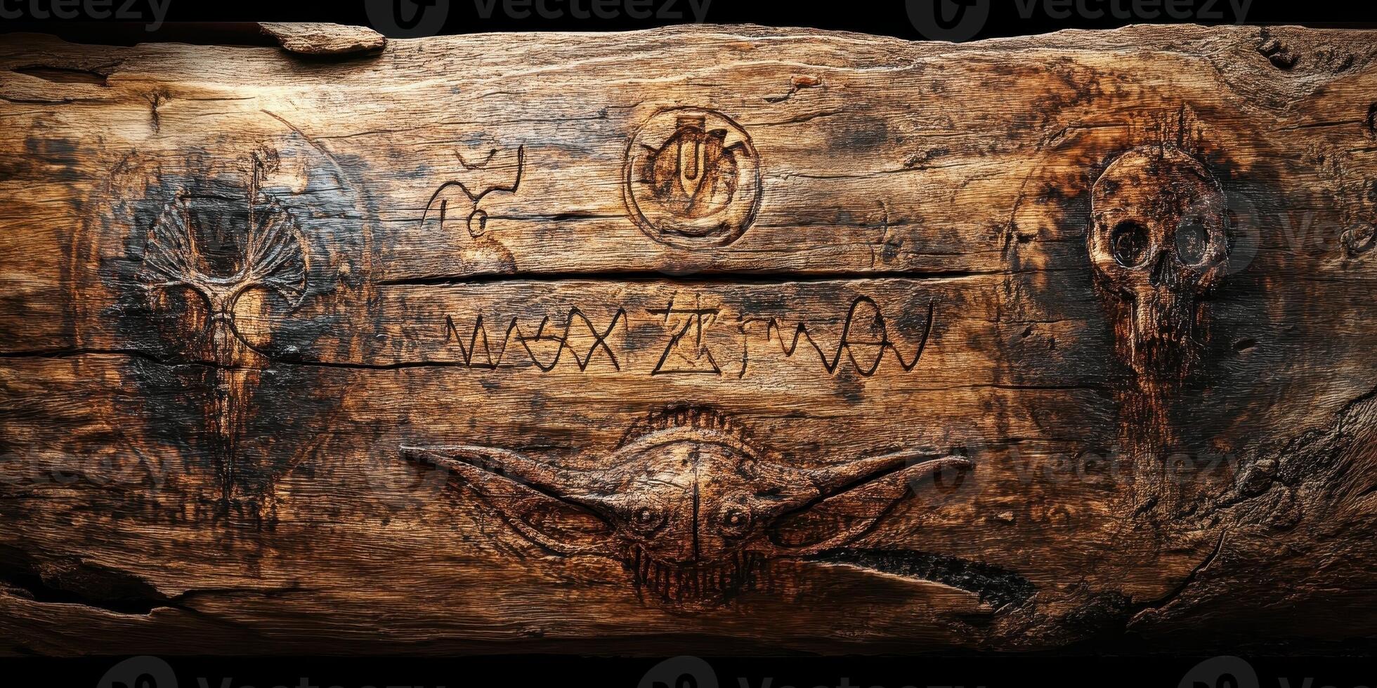 Carved wooden log features mystical symbols and skull illustrations photo