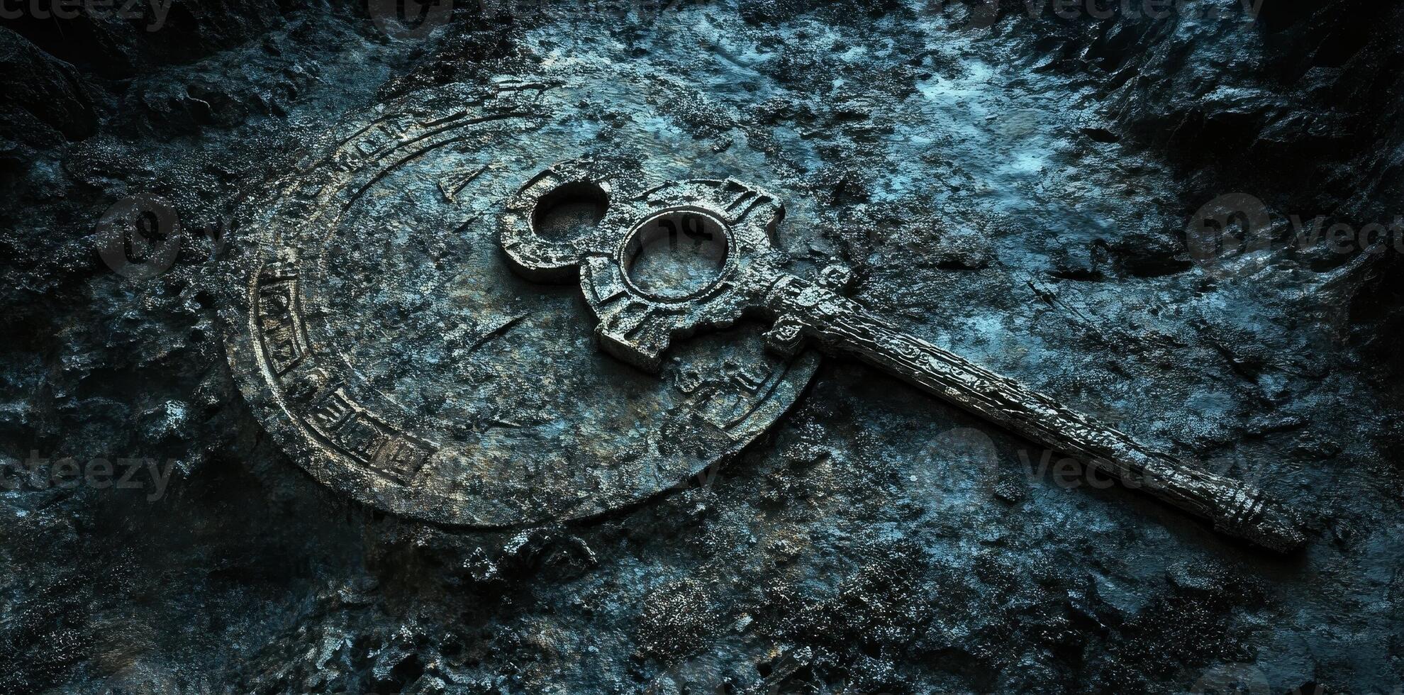 An intricately designed key rests atop an ancient stone disc photo