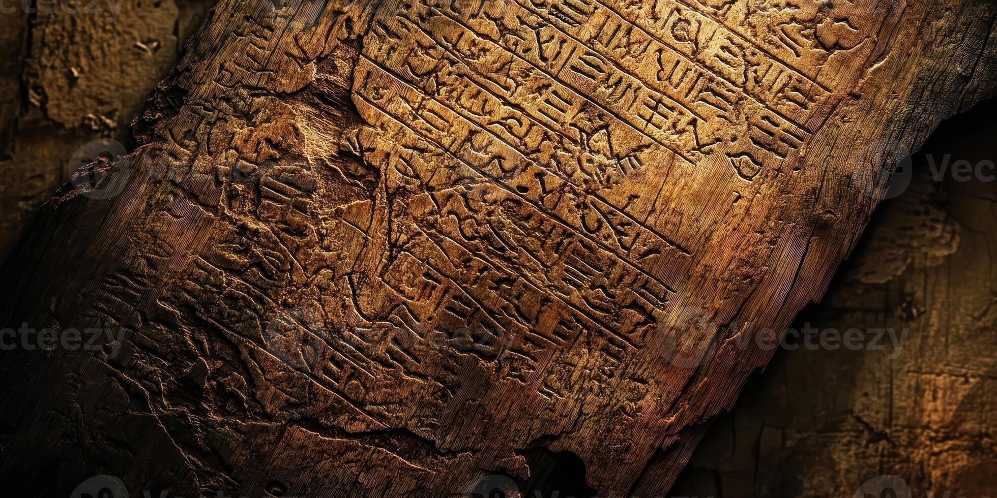 Ancient cuneiform text carved into a weathered wooden tablet photo