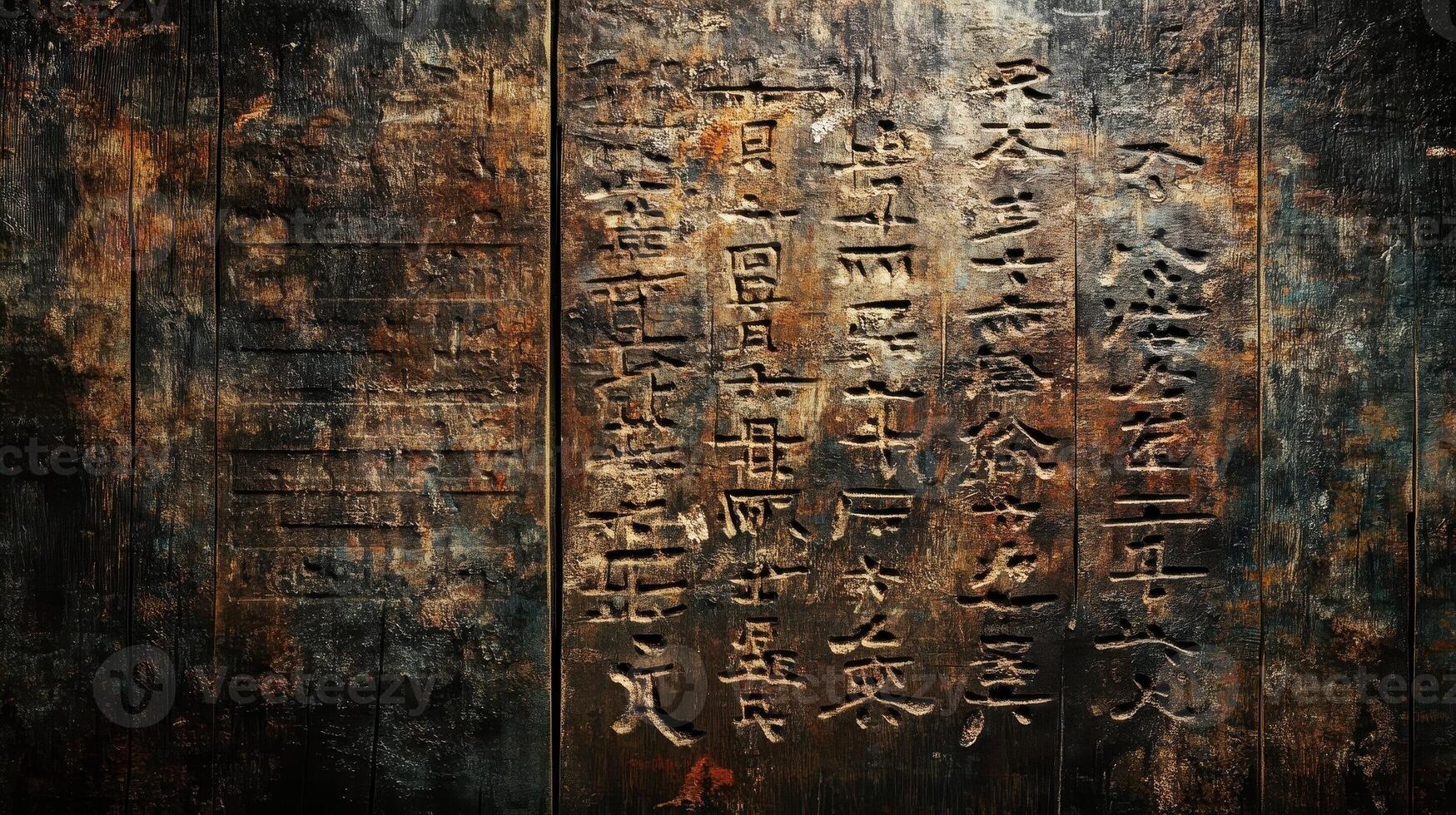Carved wooden panel featuring ancient asian script and aging textures photo