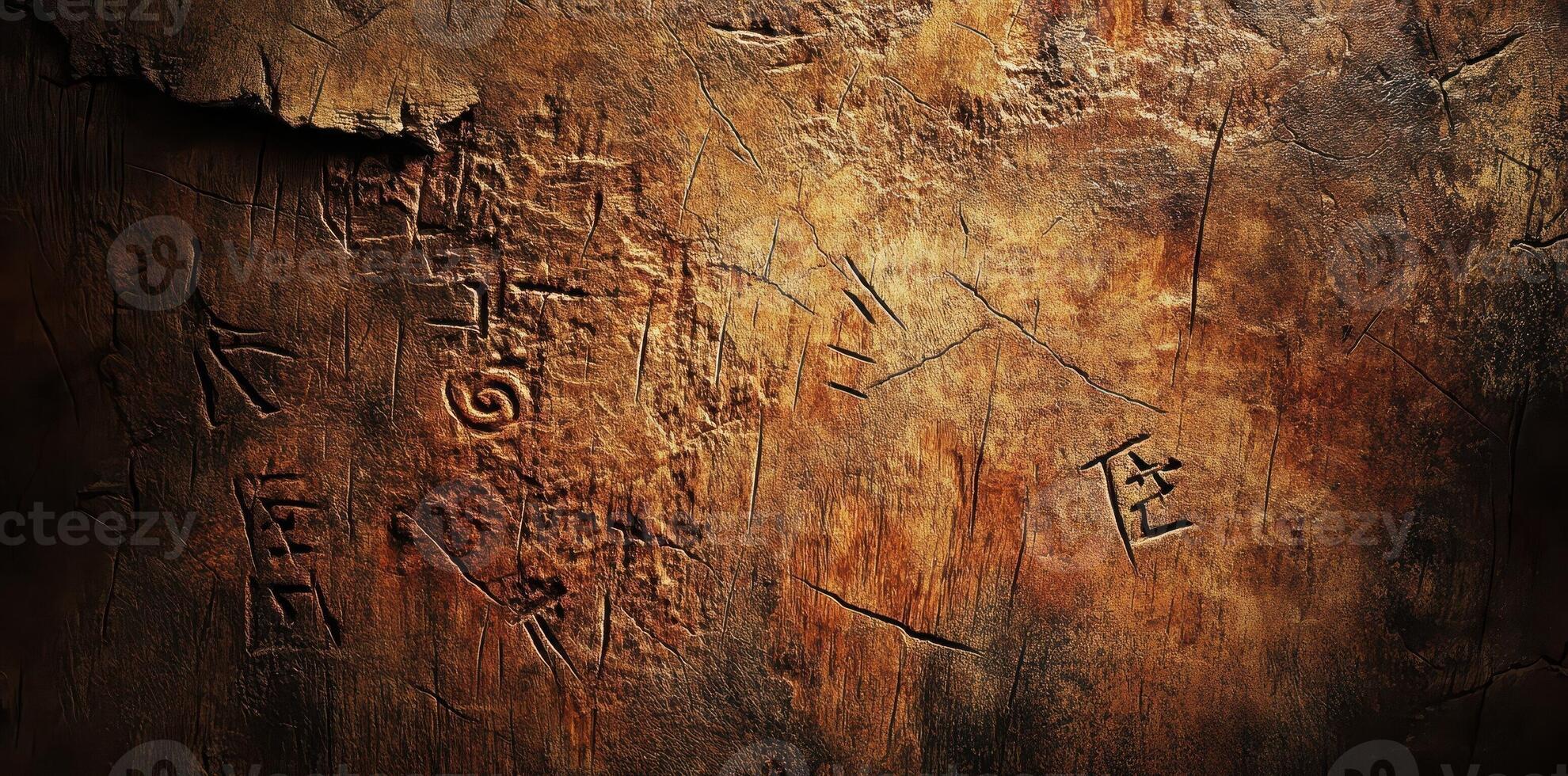 Ancient wooden surface contains cryptic symbols carvings and weathered cracks photo