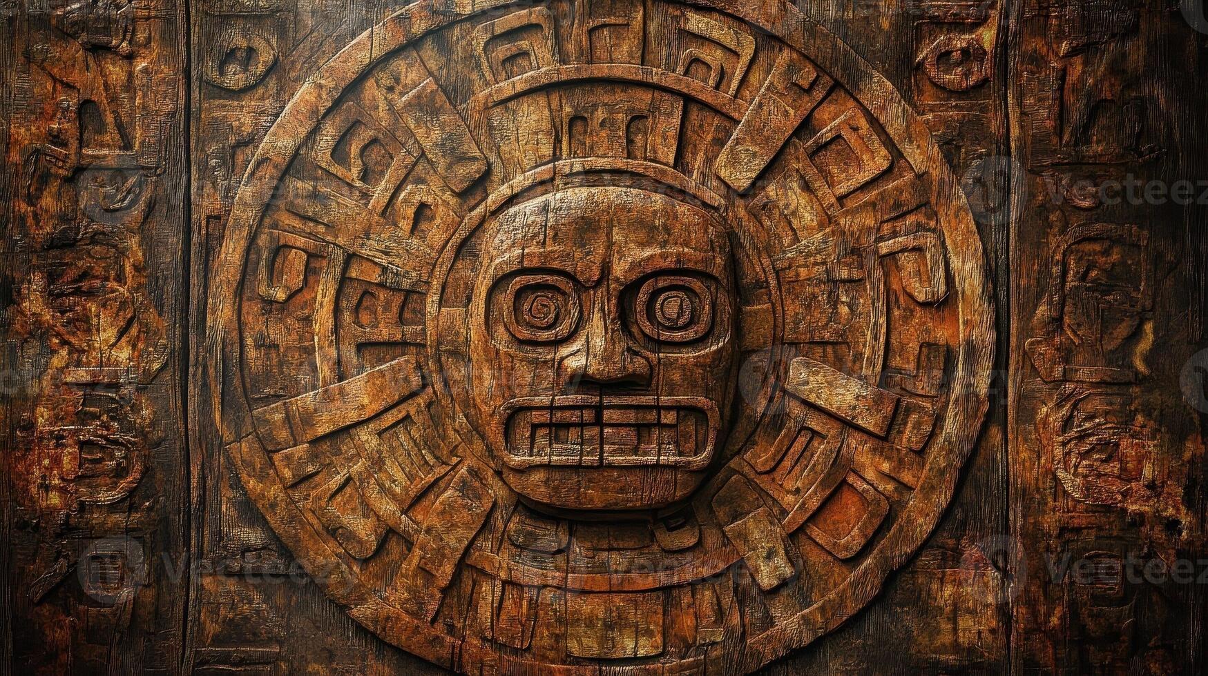 Carved wooden mayan sun god with geometric patterns surrounds photo