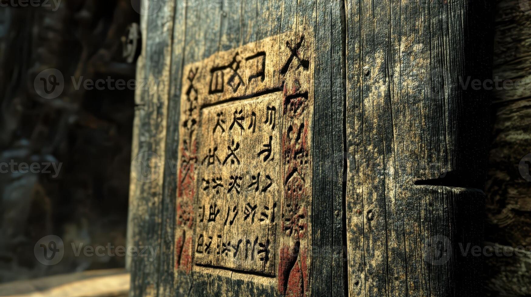 Ancient wooden door displaying a carved square with archaic symbols photo