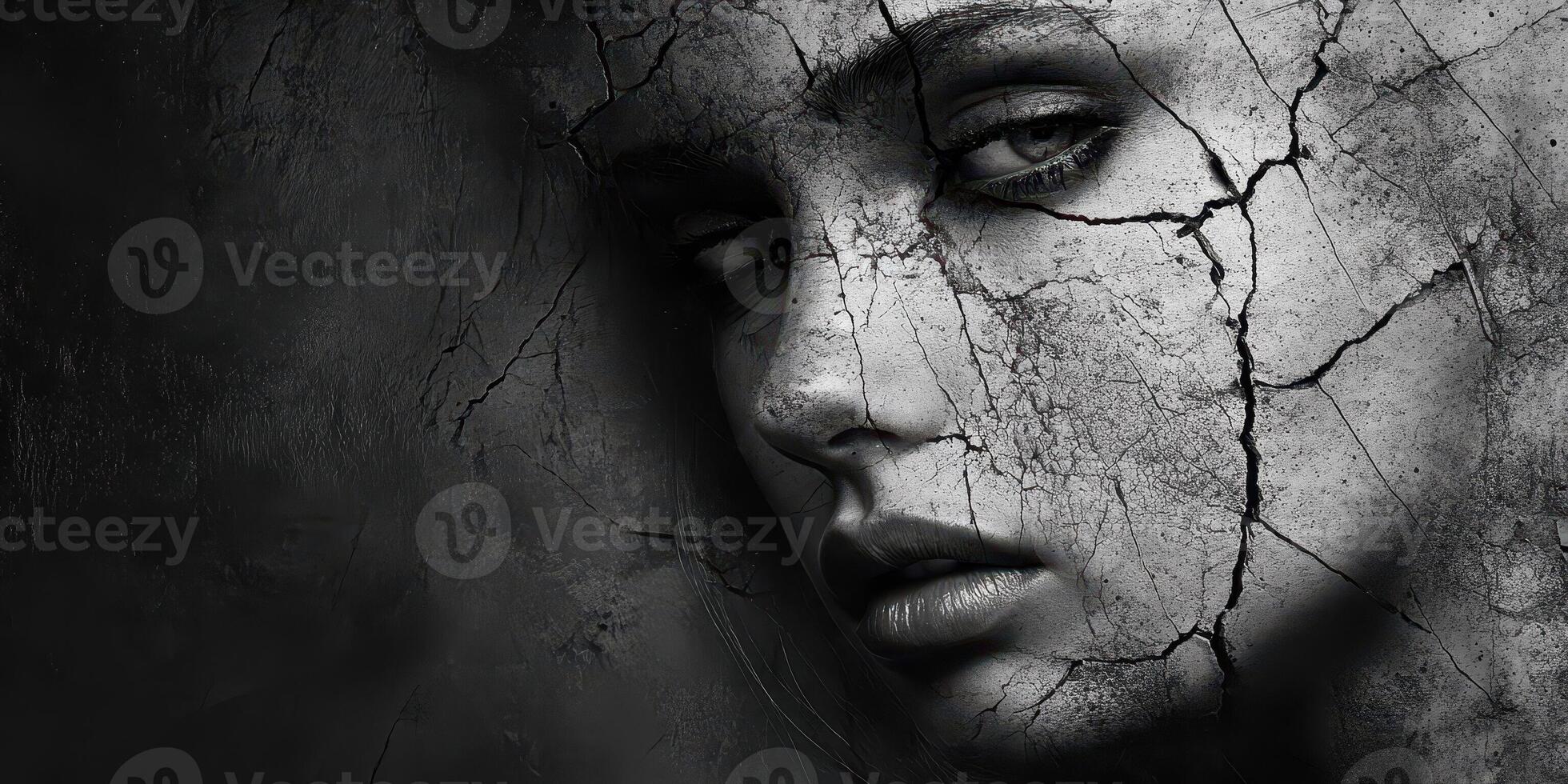 Portrait of a woman with cracked skin and dark background photo