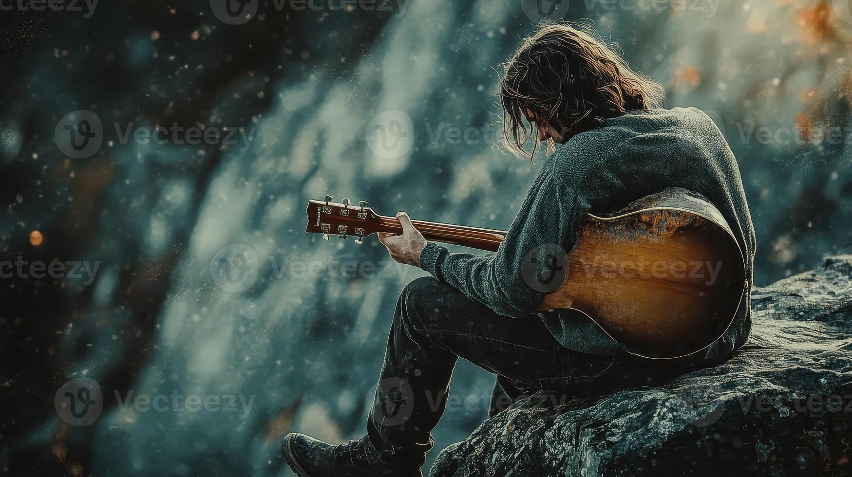 A man plays a guitar while sitting on a rock photo