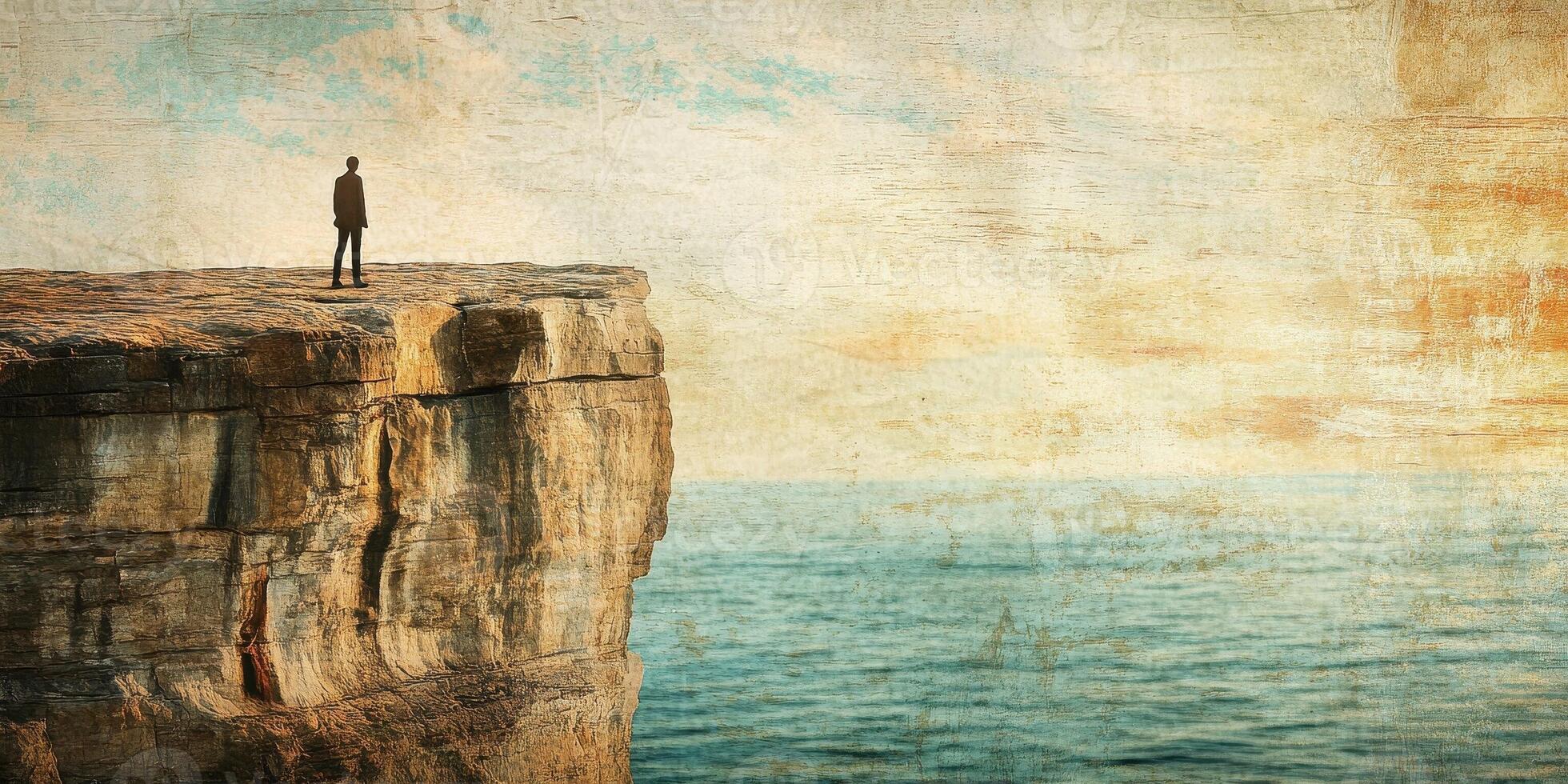 Man stands on edge of rocky cliff overlooking the ocean photo