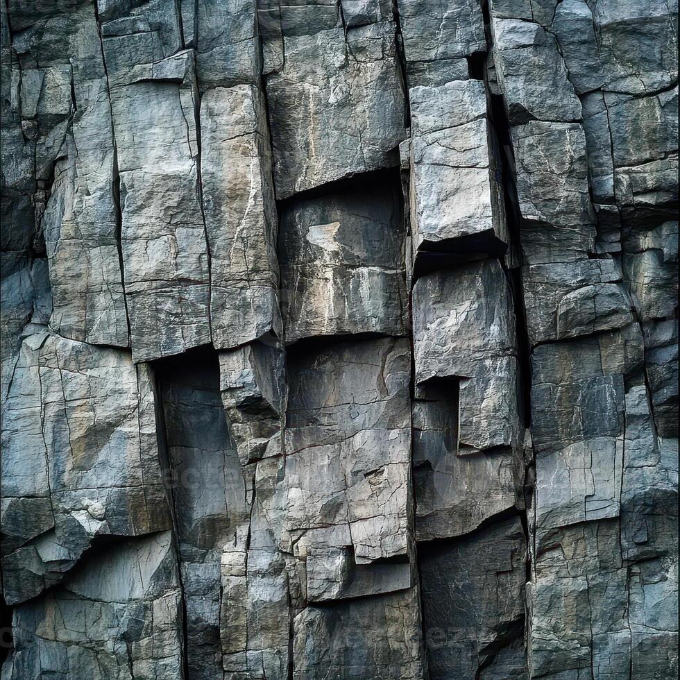 Textured gray basalt columns form an abstract geologic pattern photo