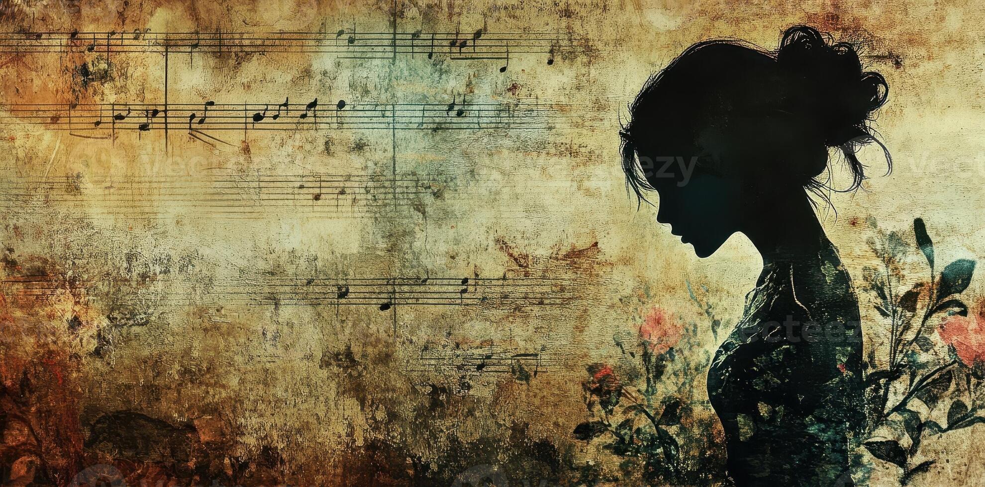 Silhouette of a young woman with musical and floral elements photo