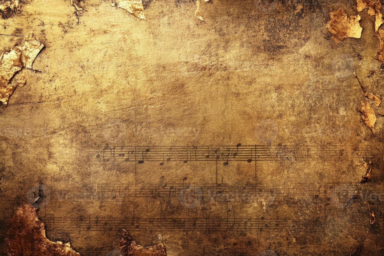 Aged paper with tattered edges displays faded musical notes photo