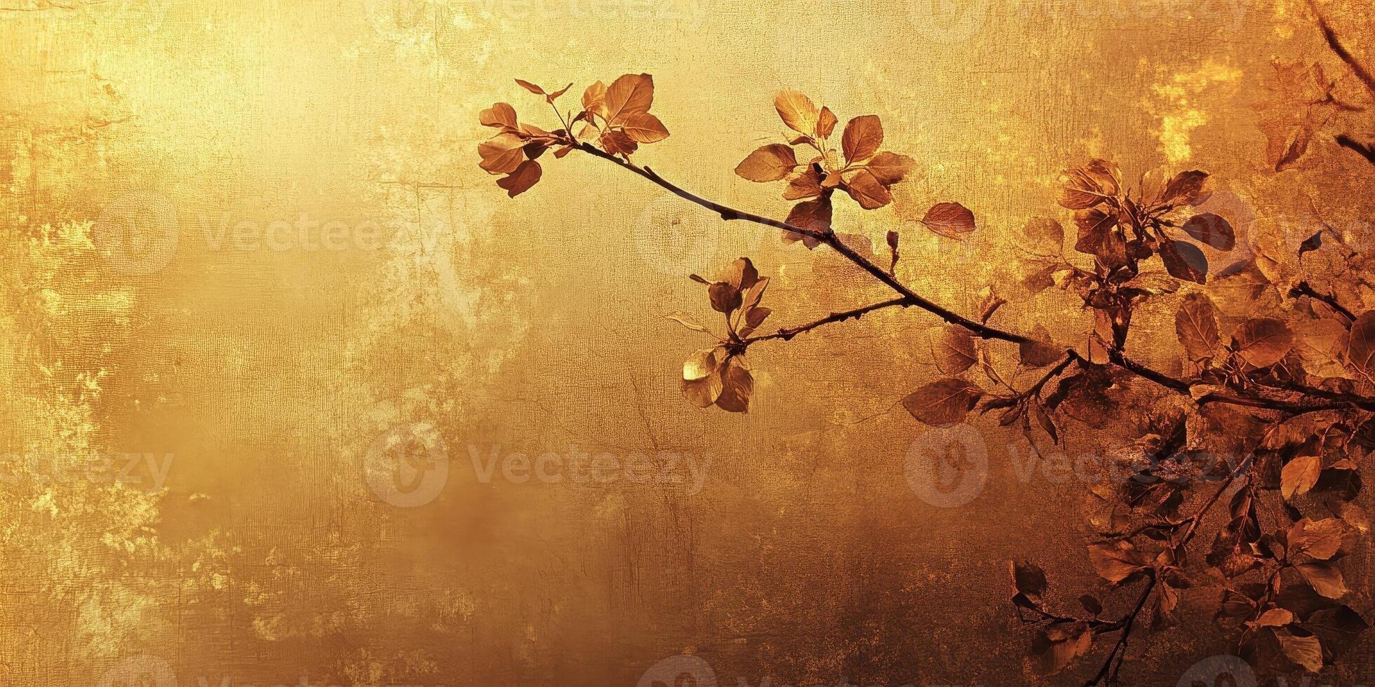 Branches with leaves are silhouetted against a textured golden backdrop photo