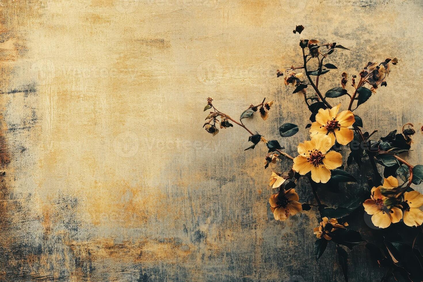 Floral arrangement with yellow flowers against a textured background photo
