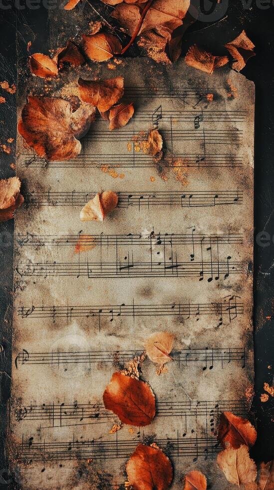 Autumn leaves scattered upon aged sheet music create visual poetry photo