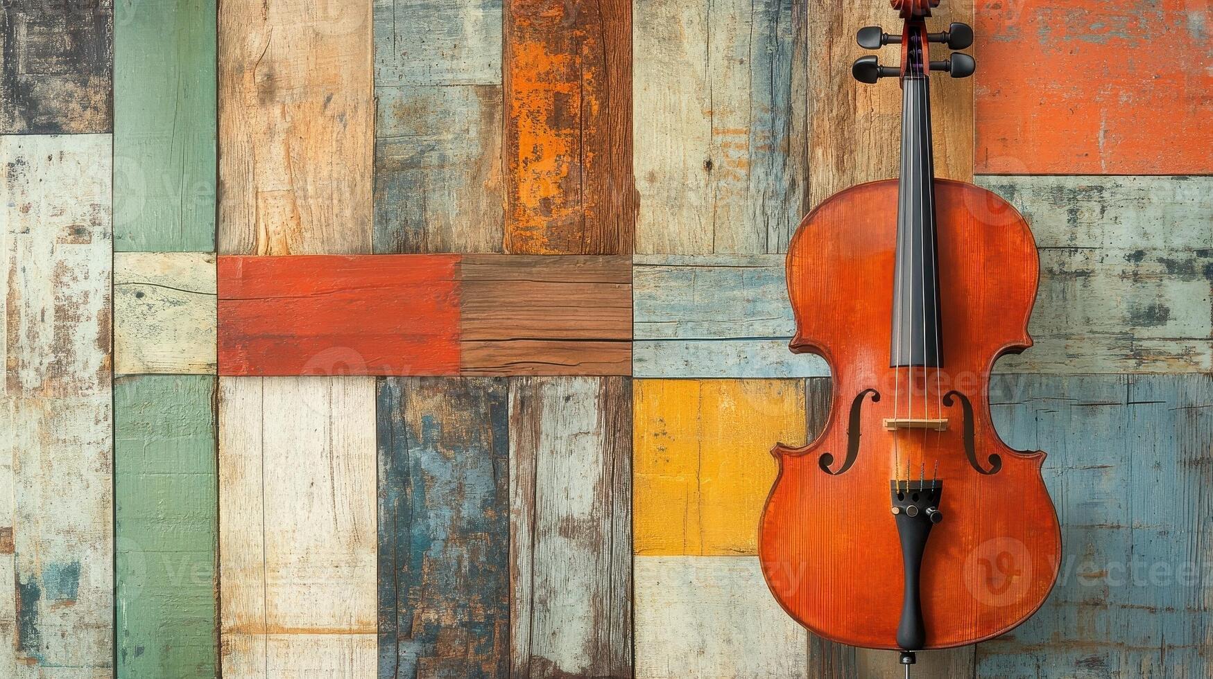 Cello leans against a colorful wooden wall with aged texture photo