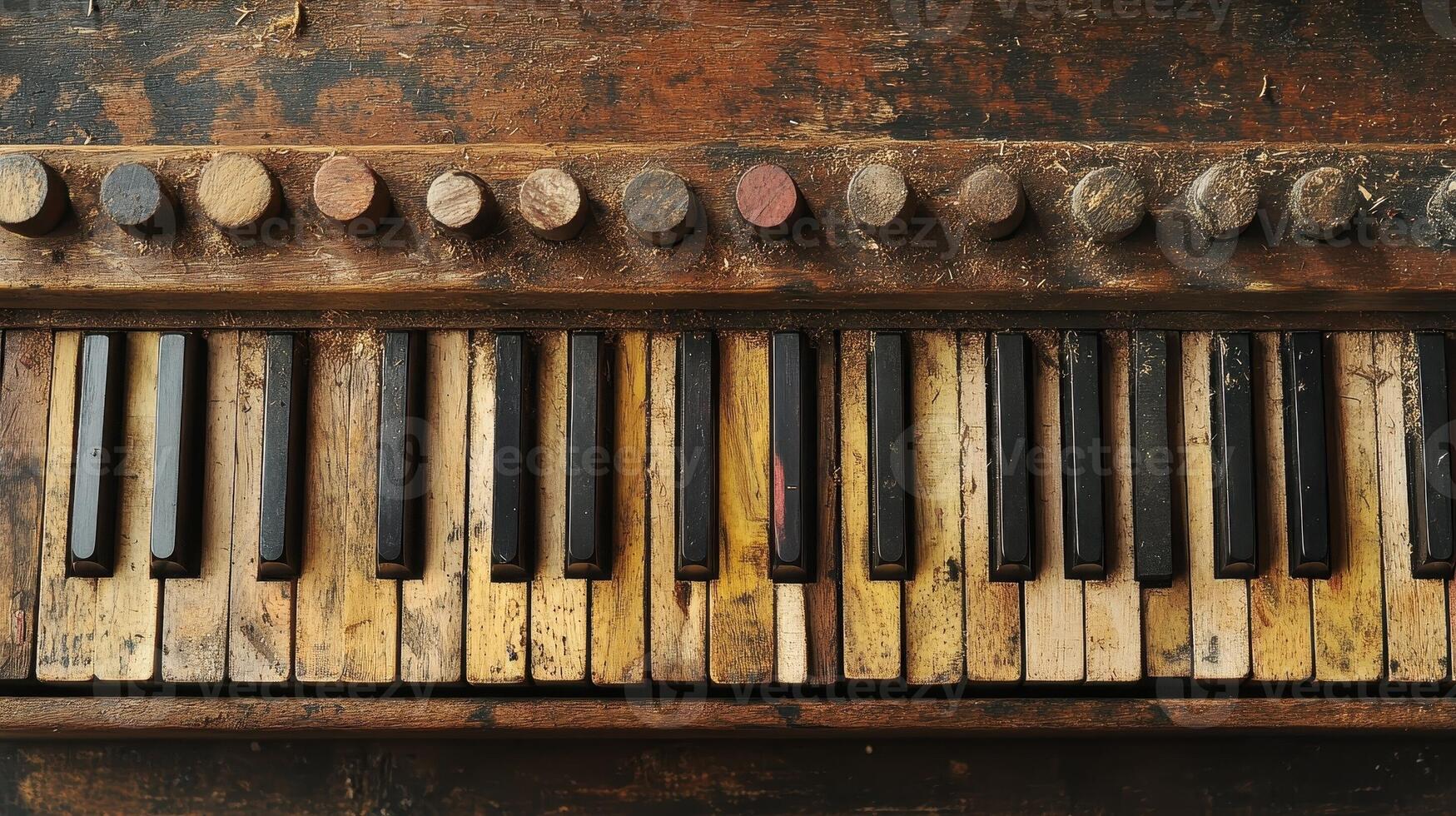 A heavily worn and aged keyboard with wooden buttons above photo