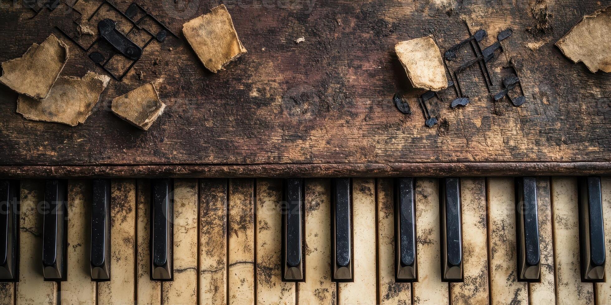 Distressed piano keys and fragmented sheet music create aged atmosphere photo