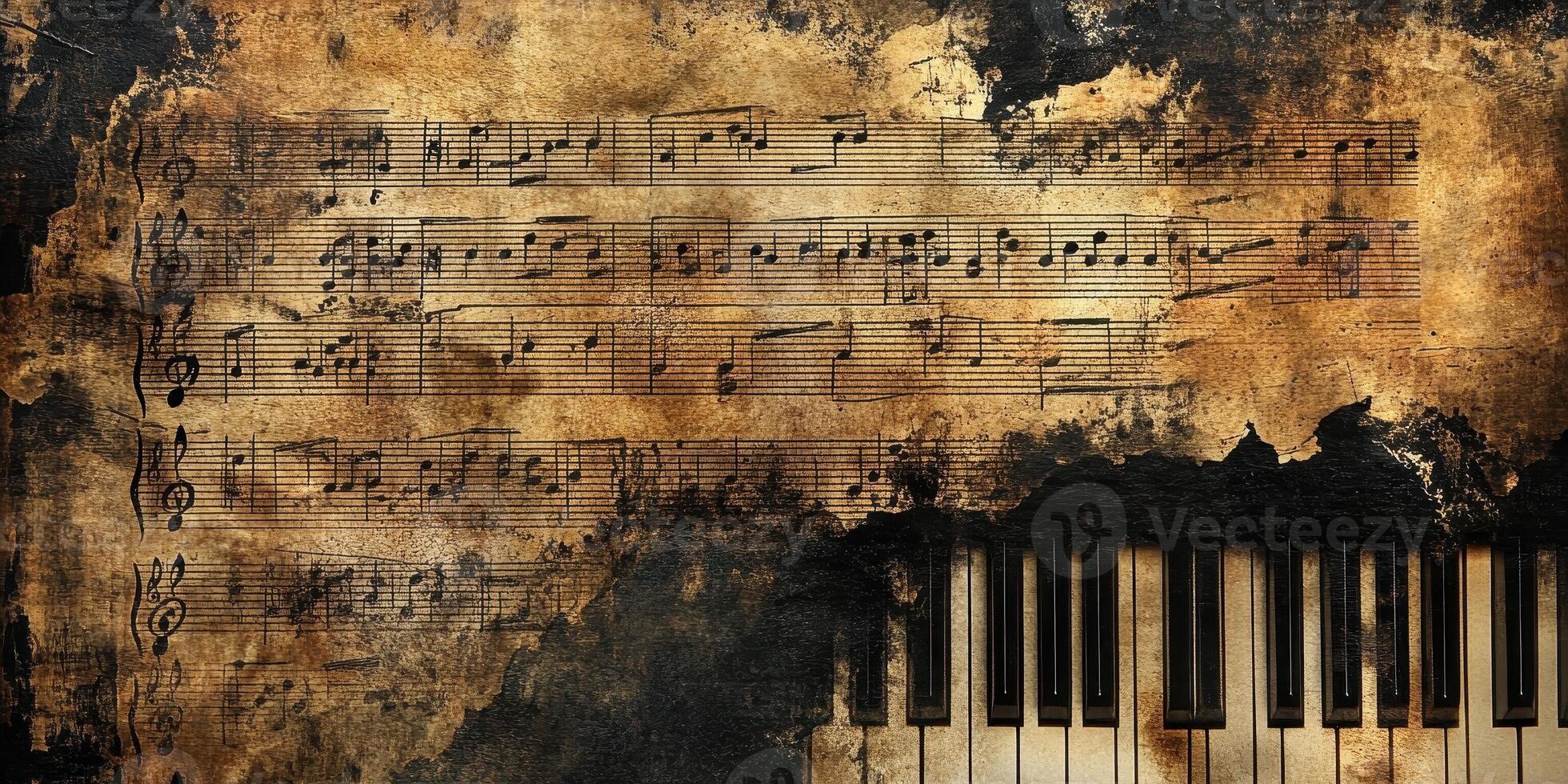 Vintage sheet music with piano keys and aged textures photo