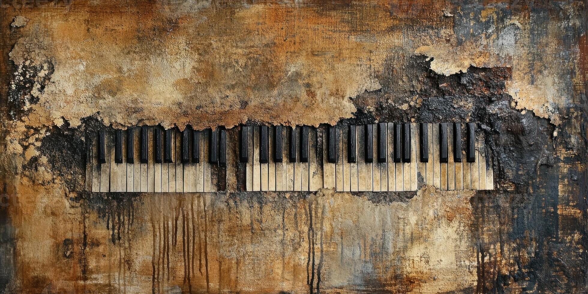 A decaying piano keyboard amidst an abstract textured background photo