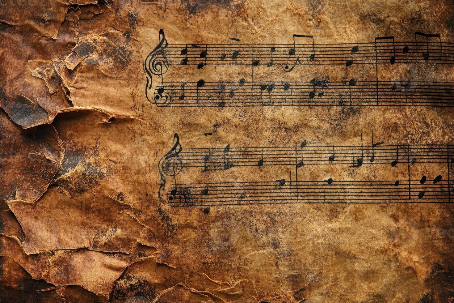 Ancient and worn music sheet with faded musical notes photo