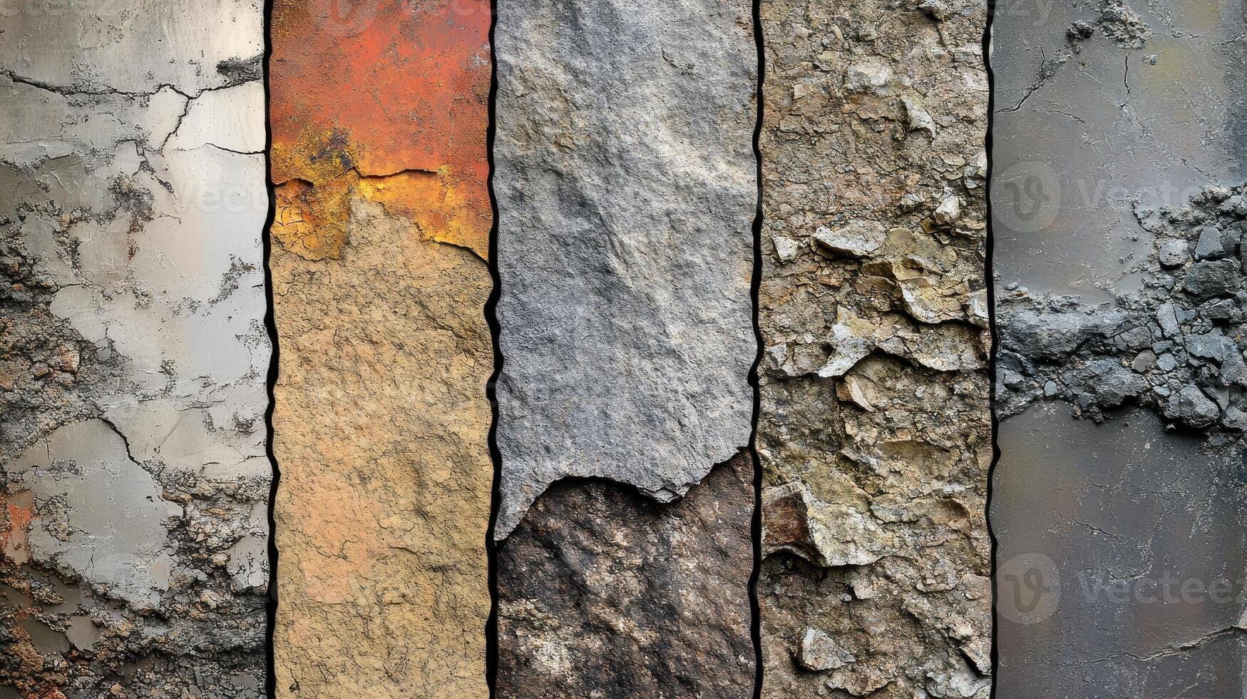 Vertical arrangement shows five different stone and rock textures photo
