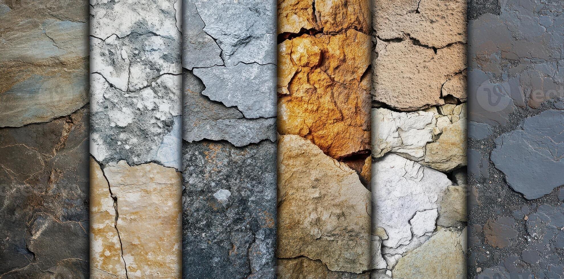 Multiple textured rock and stone panels with visible cracks displayed photo