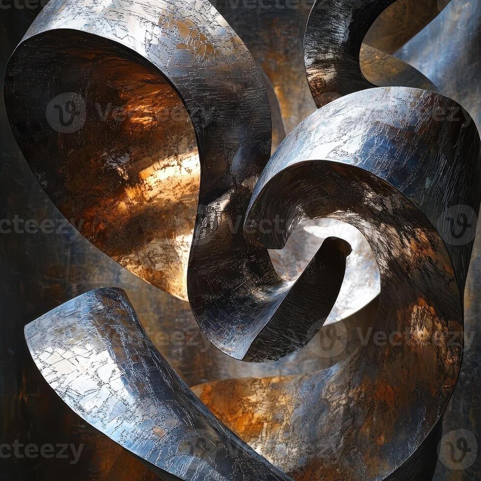 Abstract sculpture of metallic ribbons creates dynamic flowing composition photo