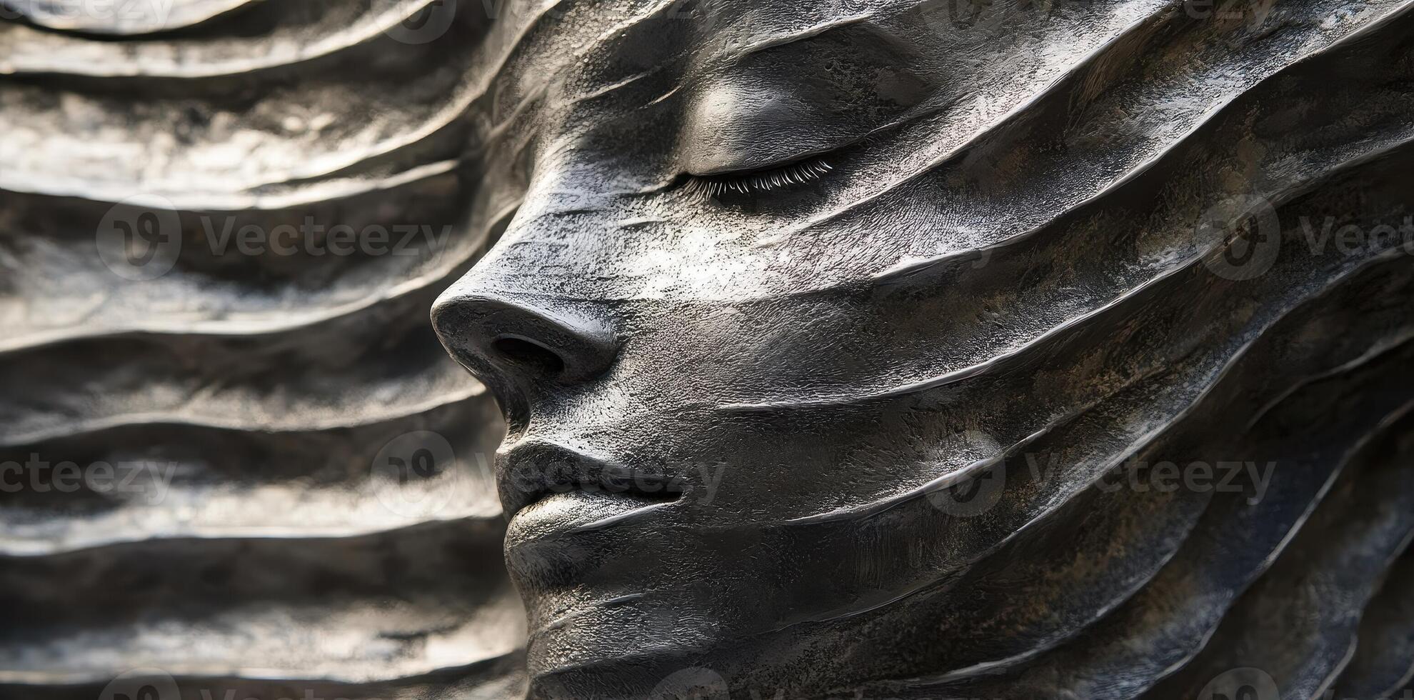 Sculpture of serene face with eyes closed and wavy texture photo