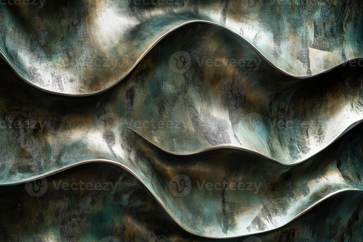 Abstract metal artwork displays flowing waves with textured patterns photo