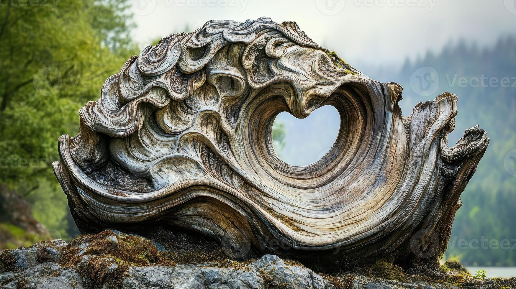 Nature created a driftwood heart on a mossy rock photo