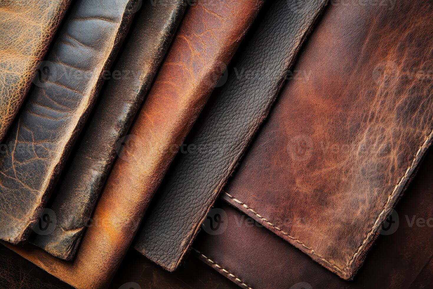 Assorted leather hides display textures and colors in a row photo
