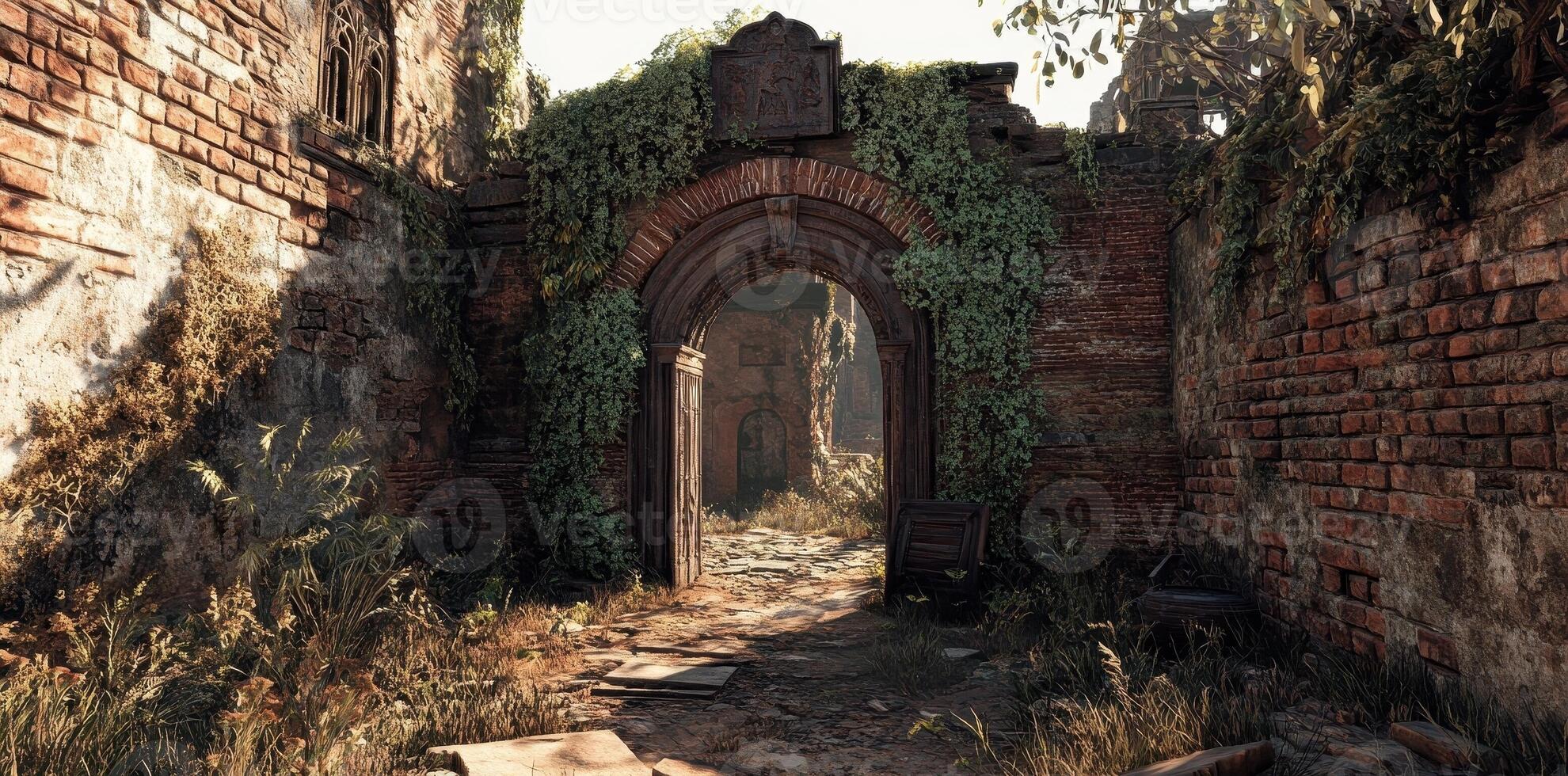 Old brick archway overgrown with ivy leading to ruins photo