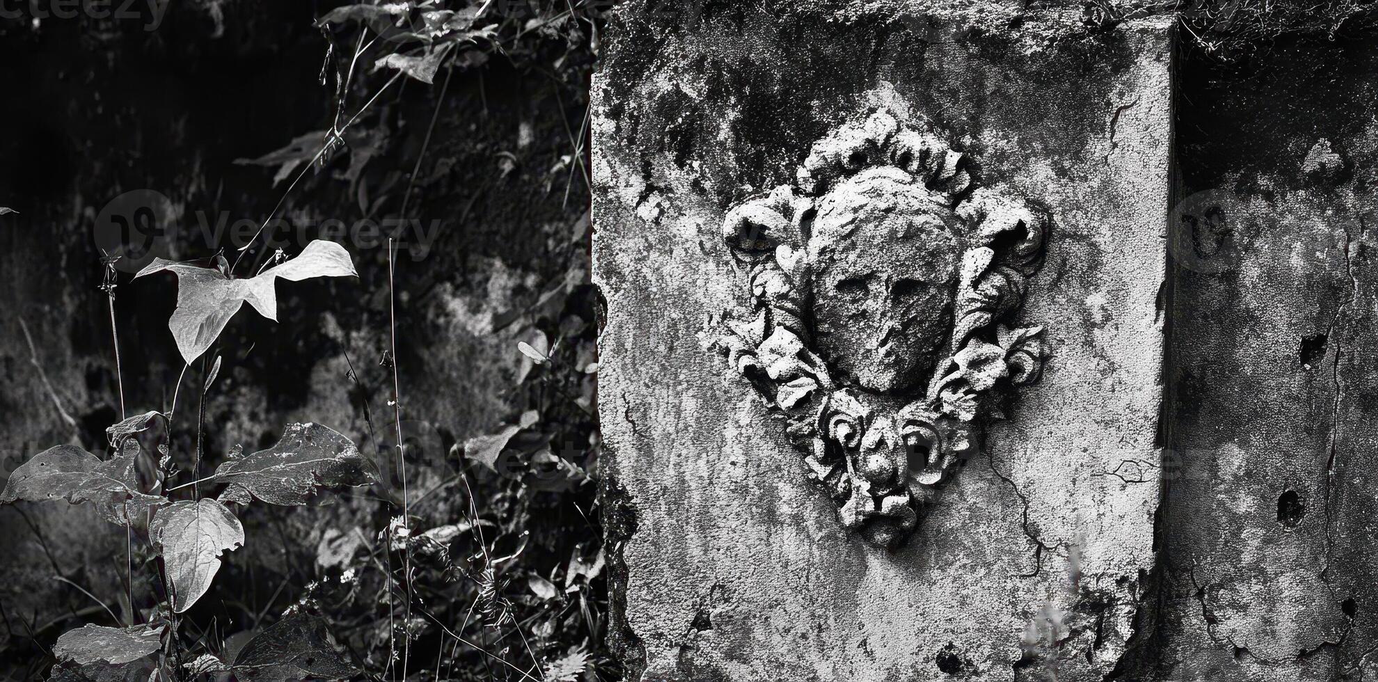 Old weathered stone wall with a sculpted face decoration photo