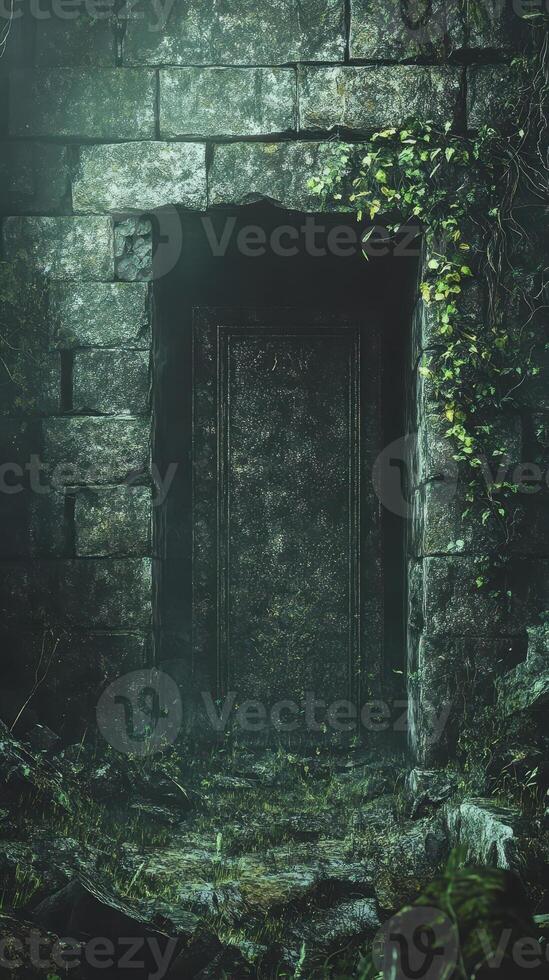 Weathered stone doorway partially obscured by vegetation in dim light photo