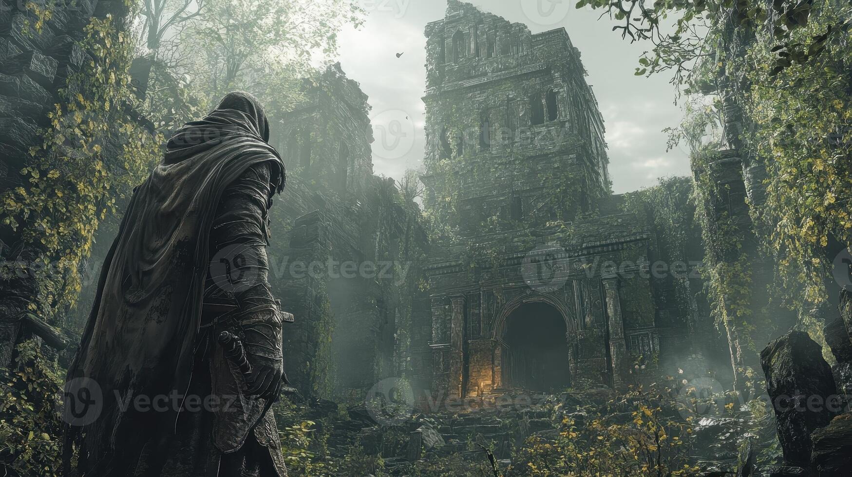 Hooded figure overlooks ancient temple ruins overgrown with plant life photo