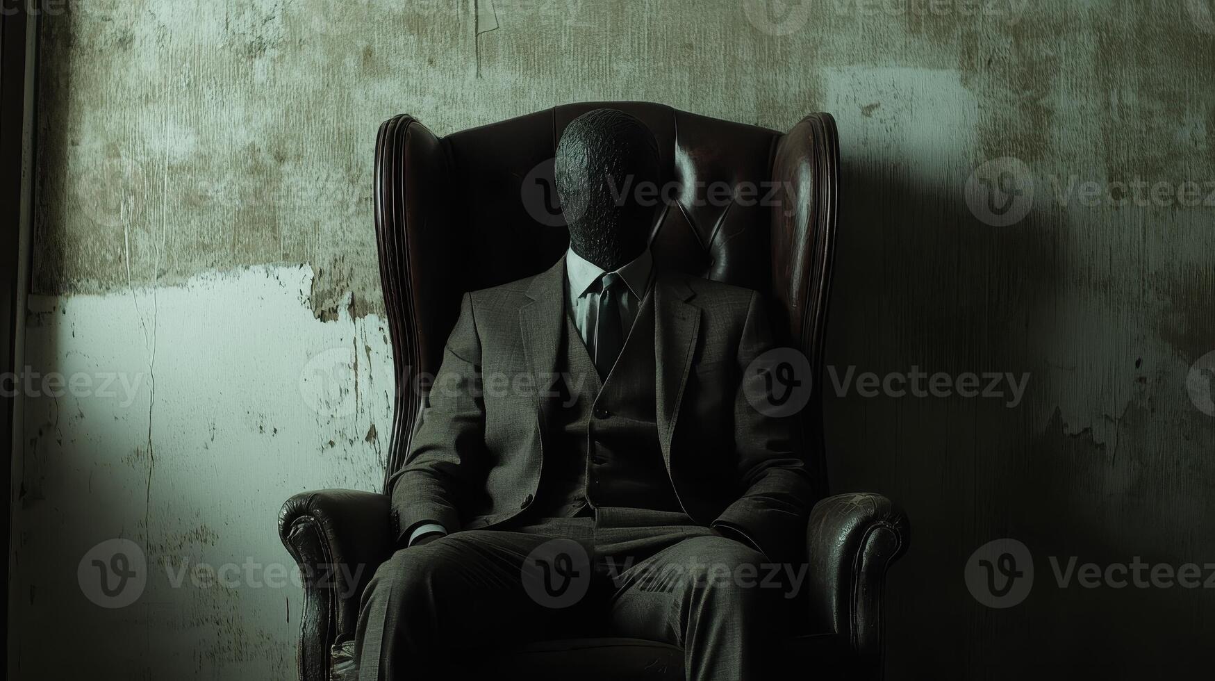 Mysterious figure with textured face sits in a dark armchair photo