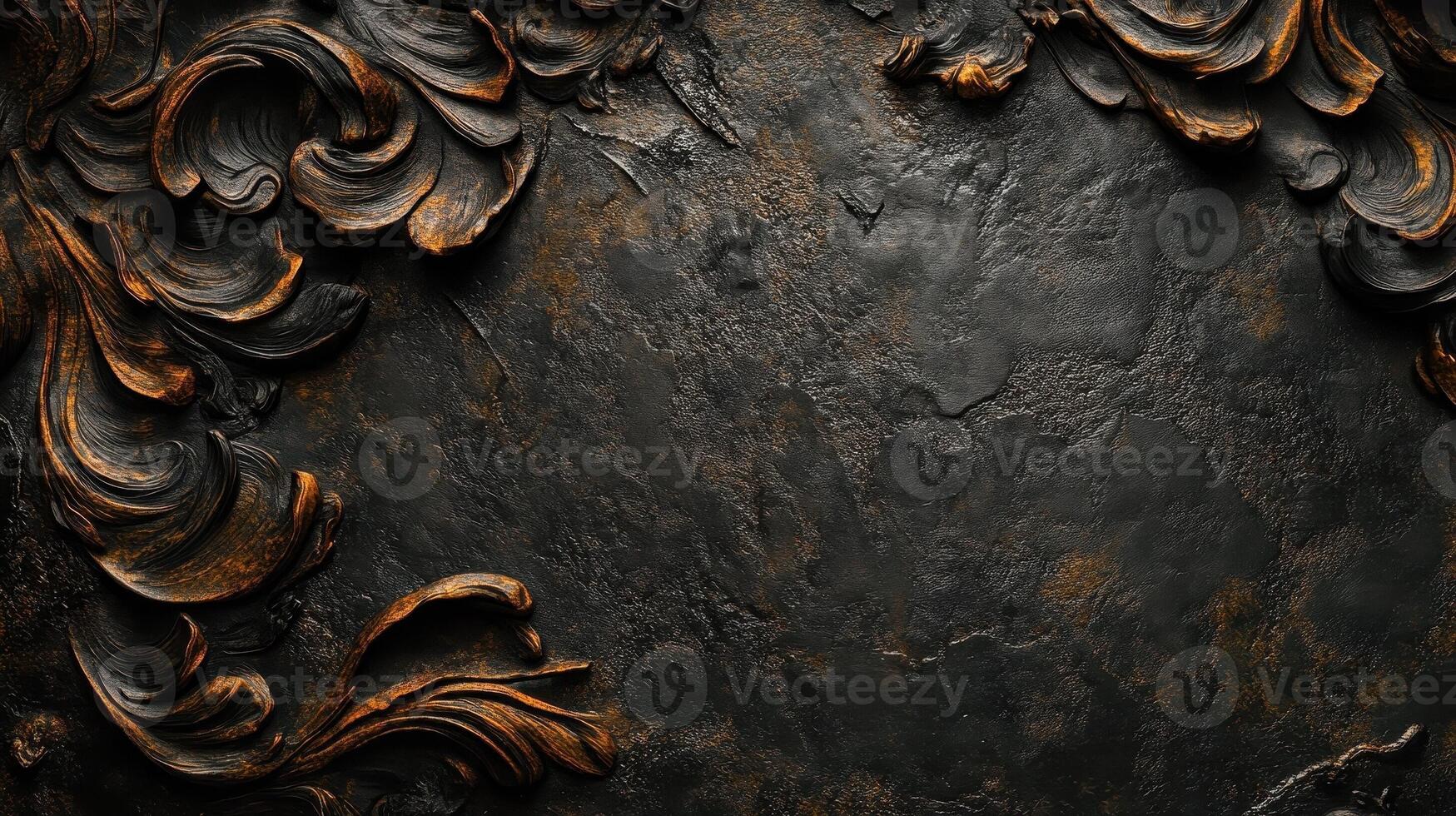 Ornate dark stone background with gilded scrollwork along the edges photo