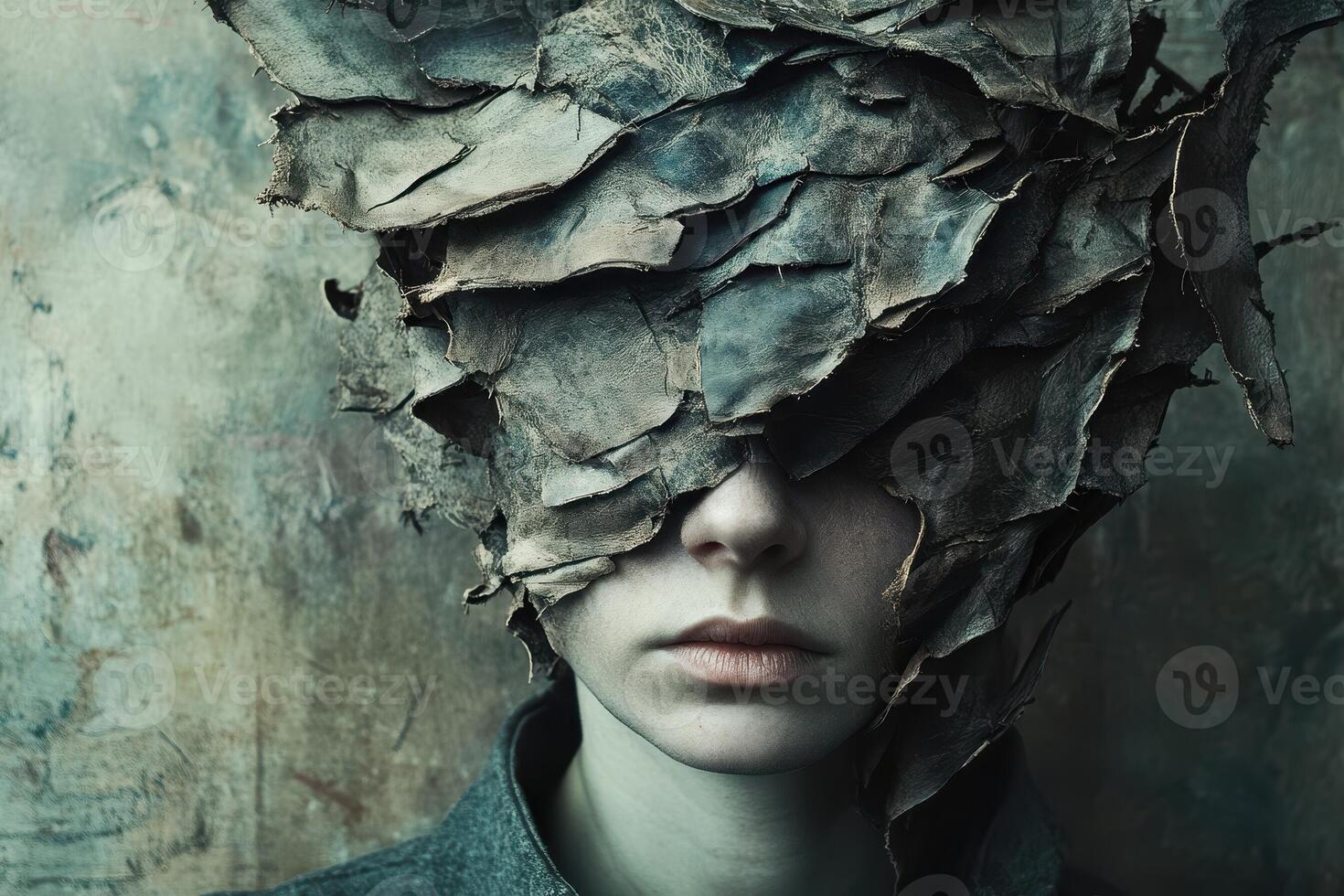 Portrait of a person obscured by weathered layered material photo