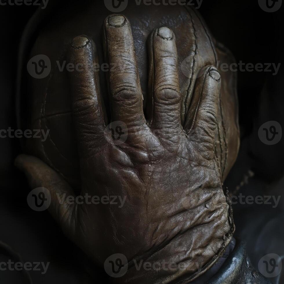 Hand pressed firmly against a weathered leather surface photo
