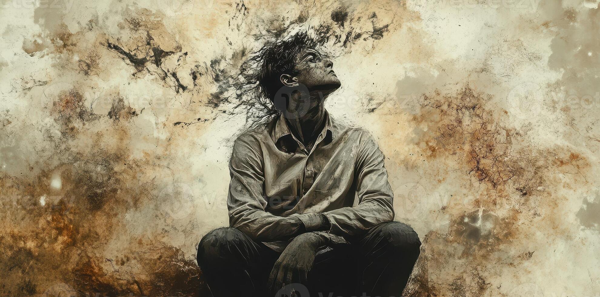 Contemplative man sits with crossed arms and looks upward photo