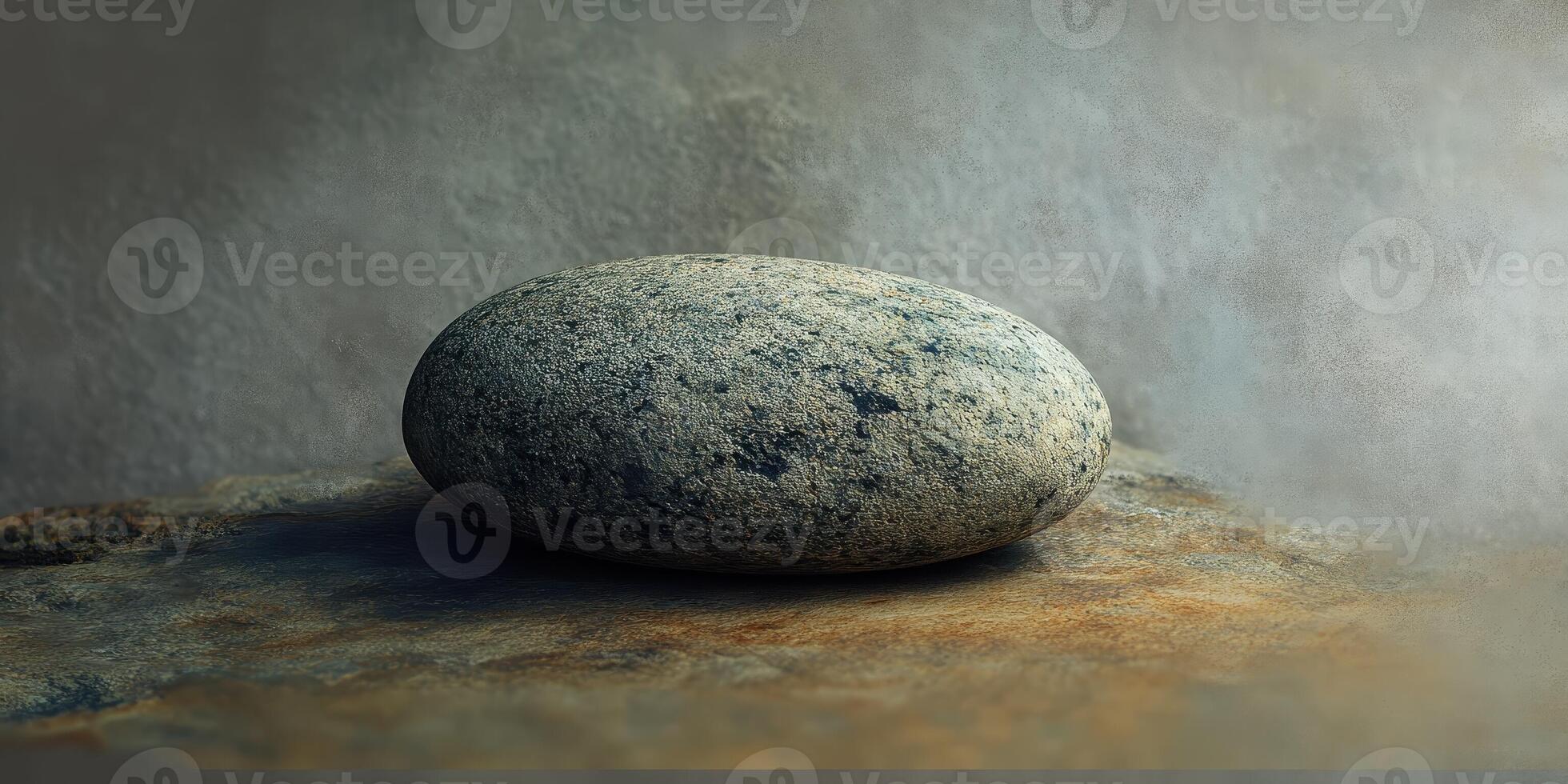 A smooth speckled stone sits on a rock surface photo