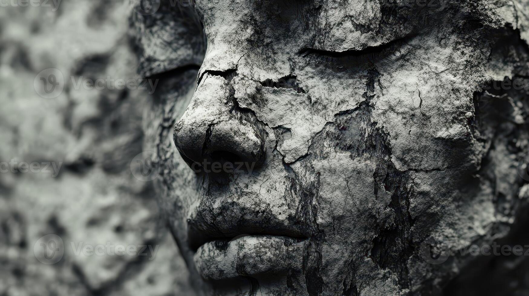 Cracked stone face of a serene and weathered statue photo